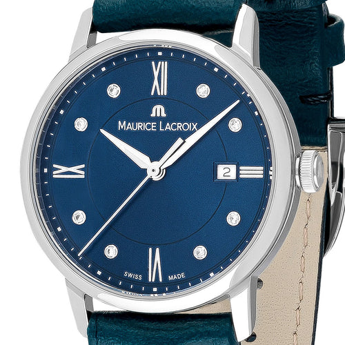 Maurice Lacroix Eliros Diamonds Damen-Armbanduhr EL1094-SS001-650-5 Lederband petrolblau mit 8 Diamanten Ø 30 mm NEU OVP. 2 Jahre Garantie Swiss Made