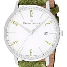 Laden Sie das Bild in den Galerie-Viewer, Maurice Lacroix Eliros Date GREEN Herren-Armbanduhr EL1118-SS001-120 Lederband grün Zifferblatt weiß/grün Saphirglas Swiss Made NEU OVP. mit Box Papiere 2 Jahre Hersteller-Garantie