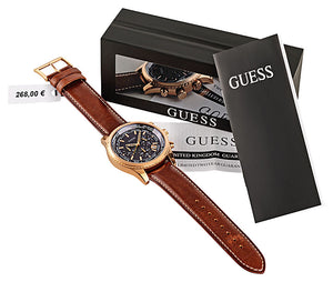 Guess Pursuit Chronograph Herrenuhr W0500G1 Geschenkbox Garantie Rotgold Zifferblatt blau braunes Lederband