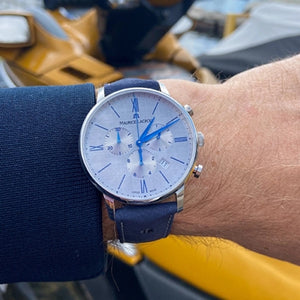 Maurice Lacroix Eliros Chronograph EL1098-SS001-114-1 | Herrenuhr | Swiss Made | Saphirglas | Stoppuhr | Lederband Blau | Zifferblatt Anthrazit Handgebürstet | NEU OVP | 2 Jahre Hersteller-Garantie