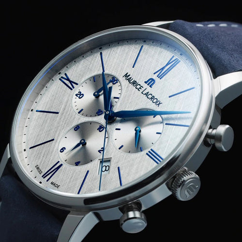 Maurice Lacroix Eliros Chronograph EL1098-SS001-114-1 | Herrenuhr | Swiss Made | Saphirglas | Stoppuhr | Lederband Blau | Zifferblatt Anthrazit Handgebürstet | NEU OVP | 2 Jahre Hersteller-Garantie