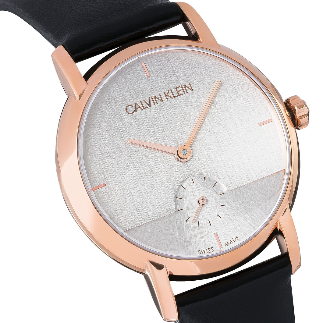 Calvin Klein Established K9H2Y6C6 | Damen-Armbanduhr | Swiss Made | Roségold Gehäuse | schwarzes Lederband | Quarzwerk | Saphirglas | NEU OVP. mit Box & Papiere | 2 Jahre Hersteller-Garantie
