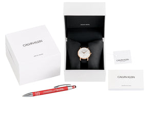 Calvin Klein Established K9H2Y6C6 | Damen-Armbanduhr | Swiss Made | Roségold Gehäuse | schwarzes Lederband | Quarzwerk | Saphirglas | NEU OVP. mit Box & Papiere | 2 Jahre Hersteller-Garantie