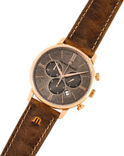 Laden Sie das Bild in den Galerie-Viewer, Maurice Lacroix Eliros Date Chronograph EL1098-PVP01-210-1 Herren-Armbanduhr Gold anthrazit Lederband braun NEU OVP. mit Box Papiere 2 Jahre Hersteller-Garantie