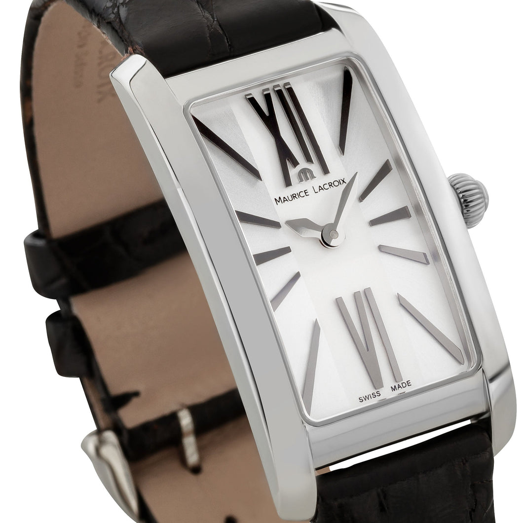 Maurice Lacroix Fiaba Rectangulaire FA2164-SS001-113 Damen-Armbanduhr Lederband Zifferblatt silber Saphirglas Swiss Made NEU OVP. mit Box Papiere 2 Jahre Hersteller-Garantie