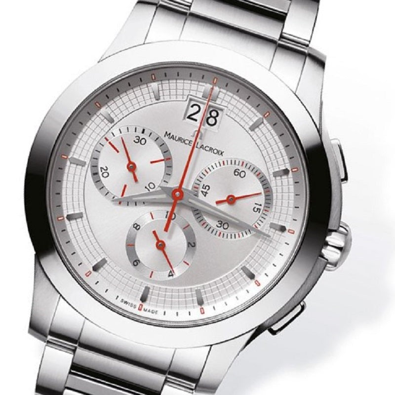 Maurice Lacroix Miros Chronographe Herren-Armbanduhr MI1077-SS002-131 Chronograph mit Stoppuhr Panorama-Datum Saphirglas Swiss Made mit Box Papiere 2 Jahre Garantie