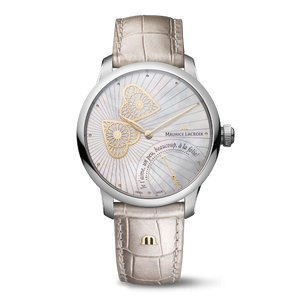 Maurice Lacroix Masterpiece Embrace Manufaktur | MP6068-SS001-160-1 | Damen-Armbanduhr | Automatik | Schweizer Kaliber | Saphirglas | Perlmutt-Zifferblatt mit Guillochierung | Lederband grau-silber | NEU OVP. mit Box & Garantiekarte