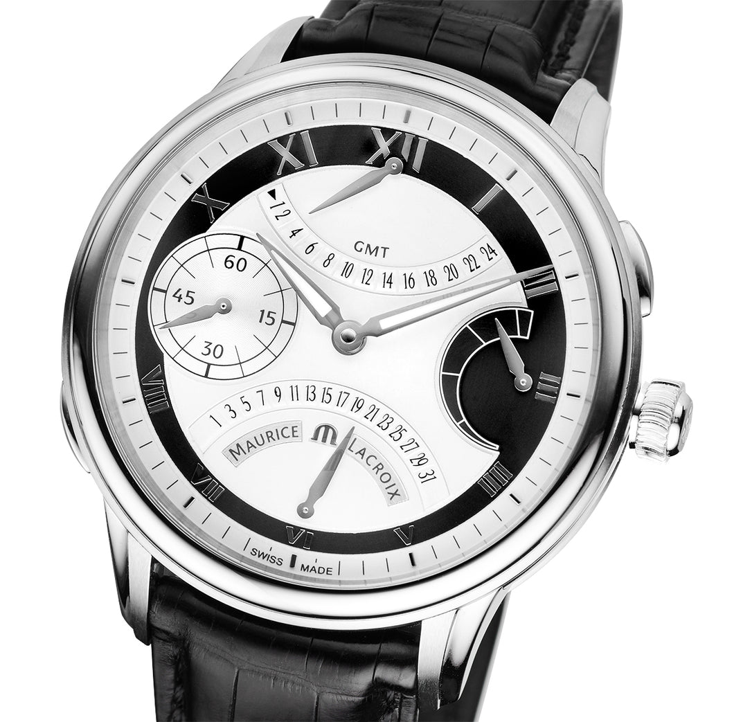 Maurice Lacroix Masterpiece Manufactur Double Rétrograde MP7218-SS001-110 Herrenuhr mit Handaufzug Swiss Made Saphirglas Faltschließe Krokolederband schwarz NEU OVP. mit Box Papiere 2 Jahre Hersteller-Garantie