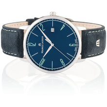 Laden Sie das Bild in den Galerie-Viewer, Maurice Lacroix Eliros Date BLUE Herren-Armbanduhr EL1118-SS001-420-1 Lederband blau Zifferblatt blau Saphirglas Swiss Made NEU OVP. mit Box Papiere 2 Jahre Hersteller-Garantie