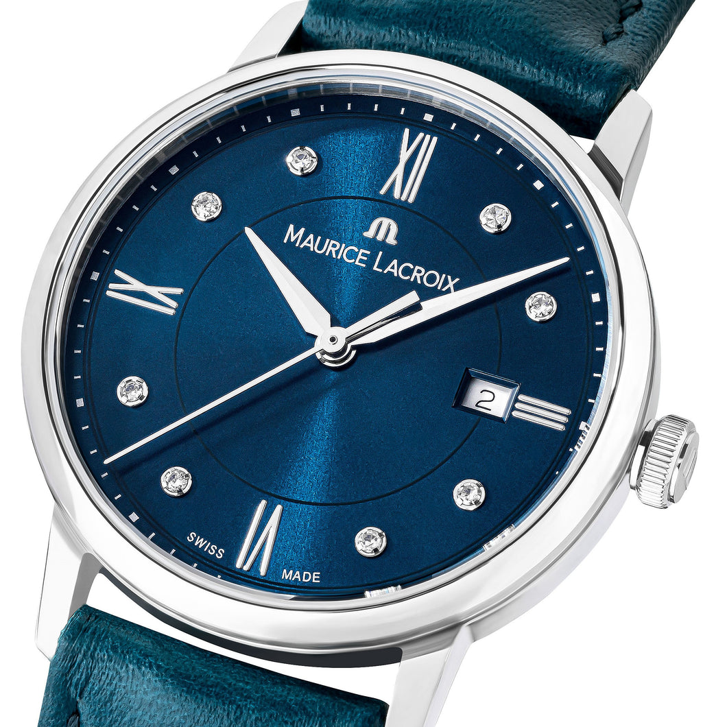 Maurice Lacroix Eliros Date Diamonds Damen-Armbanduhr EL1094-SS001-650-5 Ø 30 mm Lederband petrolblau mit 8 Diamanten NEU OVP. mit Box Papiere Garantiekarte 2 Jahre Hersteller-Garantie UVP 895,00 €