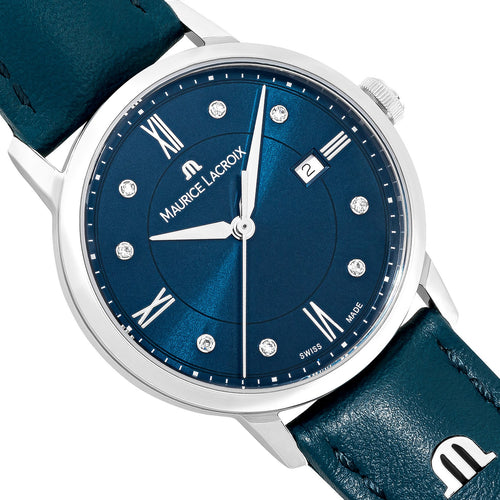 Maurice Lacroix Eliros Diamonds Damen-Armbanduhr EL1094-SS001-650-5 Lederband petrolblau mit 8 Diamanten Ø 30 mm NEU OVP. 2 Jahre Garantie Swiss Made