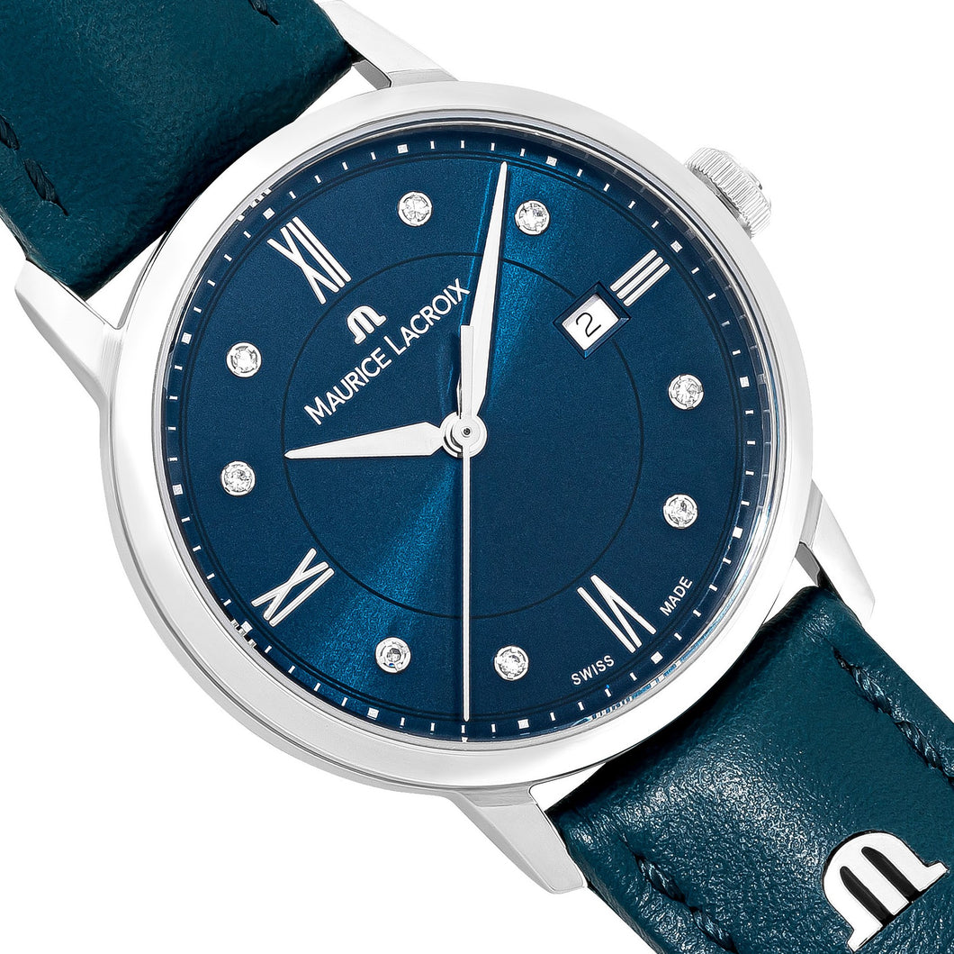 Maurice Lacroix Eliros Diamonds Damen-Armbanduhr EL1094-SS001-650-5 Lederband petrolblau mit 8 Diamanten Ø 30 mm NEU OVP. 2 Jahre Garantie Swiss Made
