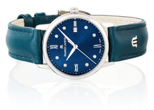 Laden Sie das Bild in den Galerie-Viewer, Maurice Lacroix Eliros Diamonds Damen-Armbanduhr EL1094-SS001-650-5 Lederband petrolblau mit 8 Diamanten Ø 30 mm NEU OVP. 2 Jahre Garantie Swiss Made