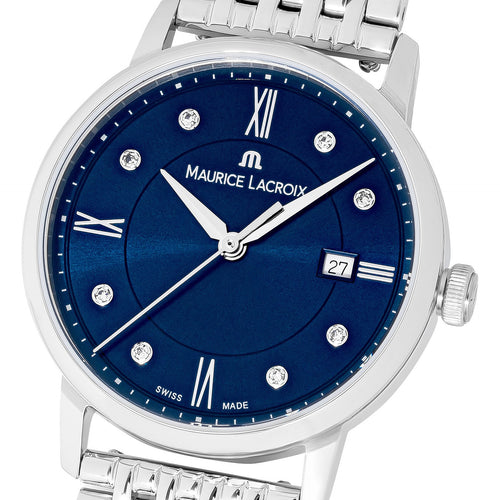 Maurice Lacroix Eliros Date Diamonds Damen-Armbanduhr EL1094-SS002-450-1 mit Edelstahl-Band und 8 echten Diamanten Saphirglas Swiss Made mit Box Papiere Anleitung 2 Jahre Hersteller-Garantie