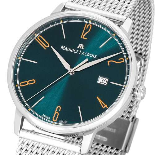 Maurice Lacroix Eliros Date GREEN | Damen-Armbanduhr Ø 40 mm | EL1118-SS006-620-1 | Milanaise-Edelstahlband | Grünes Zifferblatt | Saphirglas | Swiss Made | NEU OVP mit Box & Papiere | 2 Jahre Hersteller-Garantie