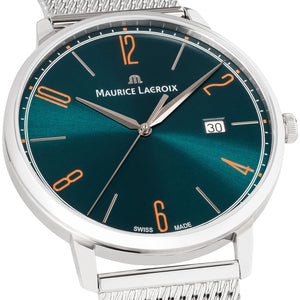 Maurice Lacroix Eliros Date GREEN Herren-Armbanduhr EL1118-SS006-620-1 Milanaise-Edelstahlband Zifferblatt grün Saphirglas Swiss Made NEU OVP. mit Box Papiere 2 Jahre Hersteller-Garantie