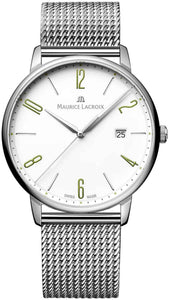 Maurice Lacroix Eliros Date GREEN Herren-Armbanduhr EL1118-SS002-120 Milanaise-Edelstahlband Zifferblatt weiß/grün Saphirglas Swiss Made NEU OVP. mit Box Papiere 2 Jahre Hersteller-Garantie