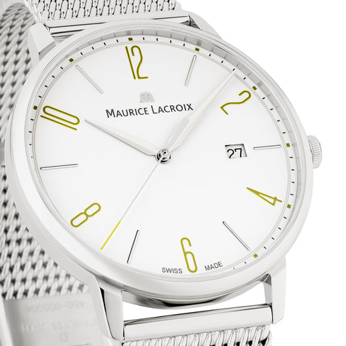 Maurice Lacroix Eliros Date GREEN Herren-Armbanduhr EL1118-SS002-120 Milanaise-Edelstahlband Zifferblatt weiß/grün Saphirglas Swiss Made NEU OVP. mit Box Papiere 2 Jahre Hersteller-Garantie