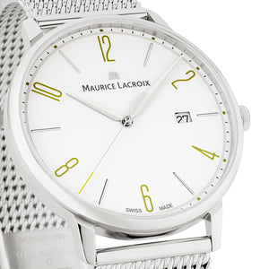 Maurice Lacroix Eliros Date GREEN Herren-Armbanduhr EL1118-SS002-120 Milanaise-Edelstahlband Zifferblatt weiß/grün Saphirglas Swiss Made NEU OVP. mit Box Papiere 2 Jahre Hersteller-Garantie