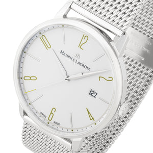Maurice Lacroix Eliros Date GREEN Herren-Armbanduhr EL1118-SS002-120 Milanaise-Edelstahlband Zifferblatt weiß/grün Saphirglas Swiss Made NEU OVP. mit Box Papiere 2 Jahre Hersteller-Garantie