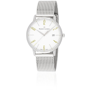 Maurice Lacroix Eliros Date GREEN Herren-Armbanduhr EL1118-SS002-120 Milanaise-Edelstahlband Zifferblatt weiß/grün Saphirglas Swiss Made NEU OVP. mit Box Papiere 2 Jahre Hersteller-Garantie