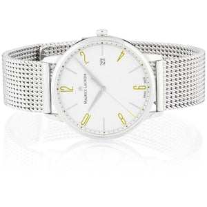 Maurice Lacroix Eliros Date GREEN Herren-Armbanduhr EL1118-SS002-120 Milanaise-Edelstahlband Zifferblatt weiß/grün Saphirglas Swiss Made NEU OVP. mit Box Papiere 2 Jahre Hersteller-Garantie