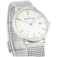 Laden Sie das Bild in den Galerie-Viewer, Maurice Lacroix Eliros Date GREEN Herren-Armbanduhr EL1118-SS002-120 Milanaise-Edelstahlband Zifferblatt weiß/grün Saphirglas Swiss Made NEU OVP. mit Box Papiere 2 Jahre Hersteller-Garantie