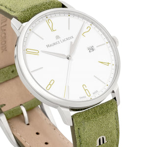 Maurice Lacroix Eliros Date GREEN Herren-Armbanduhr EL1118-SS001-120 Lederband grün Zifferblatt weiß/grün Saphirglas Swiss Made NEU OVP. mit Box Papiere 2 Jahre Hersteller-Garantie