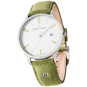 Maurice Lacroix Eliros Date GREEN Herren-Armbanduhr EL1118-SS001-120 Lederband grün Zifferblatt weiß/grün Saphirglas Swiss Made NEU OVP. mit Box Papiere 2 Jahre Hersteller-Garantie