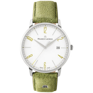 Maurice Lacroix Eliros Date GREEN Herren-Armbanduhr EL1118-SS001-120 Lederband grün Zifferblatt weiß/grün Saphirglas Swiss Made NEU OVP. mit Box Papiere 2 Jahre Hersteller-Garantie