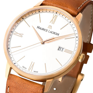 Maurice Lacroix Eliros Date Herren-Armbanduhr EL1118-PVP01-111-2 Gold mit Lederband cognac Saphirglas Swiss Made NEU OVP. mit Box Papiere 2 Jahre Hersteller-Garantie