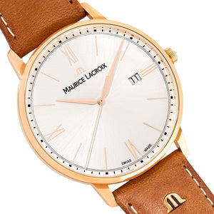Maurice Lacroix Eliros Date Herren-Armbanduhr EL1118-PVP01-111-2 Gold mit Lederband cognac Saphirglas Swiss Made NEU OVP. mit Box Papiere 2 Jahre Hersteller-Garantie