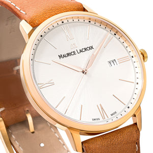 Maurice Lacroix Eliros Date Herren-Armbanduhr EL1118-PVP01-111-2 Gold mit Lederband cognac Saphirglas Swiss Made NEU OVP. mit Box Papiere 2 Jahre Hersteller-Garantie