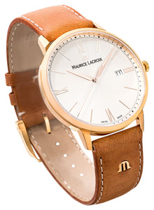 Maurice Lacroix Eliros Date Herren-Armbanduhr EL1118-PVP01-111-2 Gold mit Lederband cognac Saphirglas Swiss Made NEU OVP. mit Box Papiere 2 Jahre Hersteller-Garantie