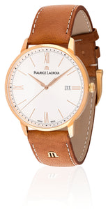 Maurice Lacroix Eliros Date Herren-Armbanduhr EL1118-PVP01-111-2 Gold mit Lederband cognac Saphirglas Swiss Made NEU OVP. mit Box Papiere 2 Jahre Hersteller-Garantie