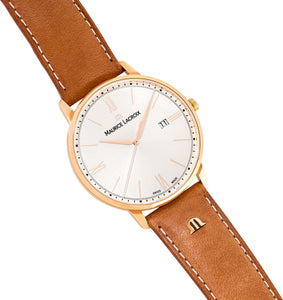Maurice Lacroix Eliros Date Herren-Armbanduhr EL1118-PVP01-111-2 Gold mit Lederband cognac Saphirglas Swiss Made NEU OVP. mit Box Papiere 2 Jahre Hersteller-Garantie
