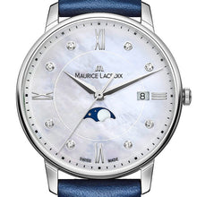 Laden Sie das Bild in den Galerie-Viewer, Maurice Lacroix Eliros Moonphase EL1096-SS001-170-1 Mother-of-Pearl Diamonds  | Damen Uhr Perlmutt Diamanten Zifferblatt Lederband blau