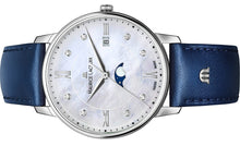 Laden Sie das Bild in den Galerie-Viewer, Maurice Lacroix Eliros Moonphase EL1096-SS001-170-1 Mother-of-Pearl Diamonds  | Damen Uhr Perlmutt Diamanten Zifferblatt Lederband blau