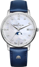 Laden Sie das Bild in den Galerie-Viewer, Maurice Lacroix Eliros Moonphase EL1096-SS001-170-1 Mother-of-Pearl Diamonds  | Damen Uhr Perlmutt Diamanten Zifferblatt Lederband blau