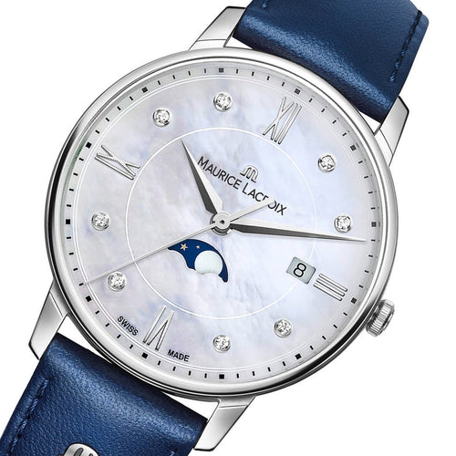 Maurice Lacroix Eliros Moonphase EL1096-SS001-170-1 Mother-of-Pearl Diamonds  | Damen Uhr Perlmutt Diamanten Zifferblatt Lederband blau