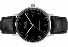 Laden Sie das Bild in den Galerie-Viewer, Timex Waterbury Automatic TW2T70000 Herren-Armbanduhr Zifferblatt schwarz Lederband schwarz Datumsanzeige Automatik NEU OVP mit Box Papiere Anleitung 2 Jahre Hersteller-Garantie