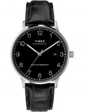 Laden Sie das Bild in den Galerie-Viewer, Timex Waterbury Automatic TW2T70000 Herren-Armbanduhr Zifferblatt schwarz Lederband schwarz Datumsanzeige Automatik NEU OVP mit Box Papiere Anleitung 2 Jahre Hersteller-Garantie