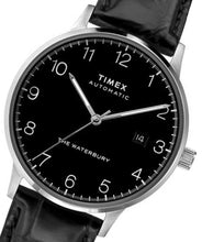 Laden Sie das Bild in den Galerie-Viewer, Timex Waterbury Automatic TW2T70000 Herren-Armbanduhr Zifferblatt schwarz Lederband schwarz Datumsanzeige Automatik NEU OVP mit Box Papiere Anleitung 2 Jahre Hersteller-Garantie