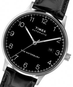 Timex Waterbury Automatic TW2T70000 Herren-Armbanduhr Zifferblatt schwarz Lederband schwarz Datumsanzeige Automatik NEU OVP mit Box Papiere Anleitung 2 Jahre Hersteller-Garantie