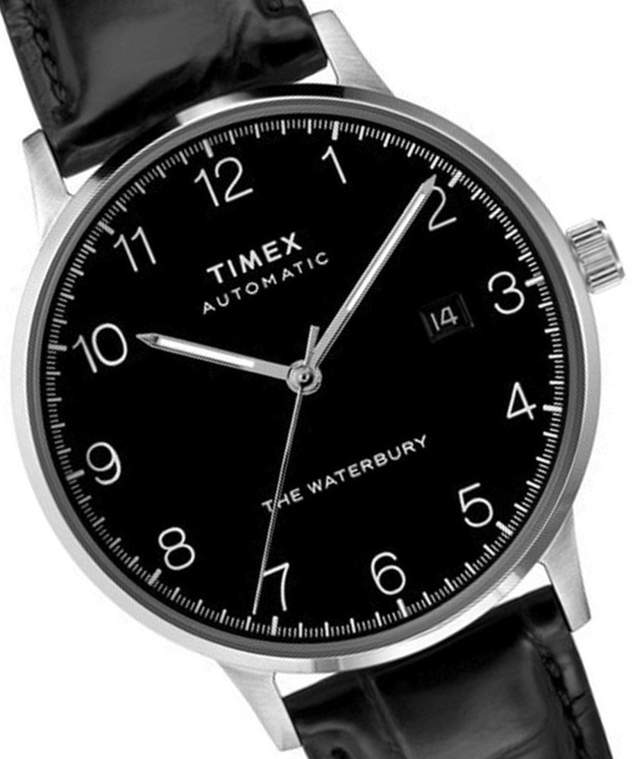 Timex Waterbury Automatic TW2T70000 Herren-Armbanduhr Zifferblatt schwarz Lederband schwarz Datumsanzeige Automatik NEU OVP mit Box Papiere Anleitung 2 Jahre Hersteller-Garantie