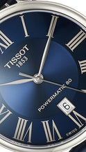 Laden Sie das Bild in den Galerie-Viewer, Tissot Carson Premium Powermatic80 T122.407.16.043.00 Herren-Armbanduhr Swiss Made ETA Automatik 80 Stunden Gangreserve Saphirglas Lederband blau Zifferblatt blau mit Box Papiere Garantiekarte 2 Jahre Hersteller-Garantie
