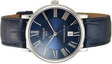 Laden Sie das Bild in den Galerie-Viewer, Tissot Carson Premium Powermatic80 T122.407.16.043.00 Herren-Armbanduhr Swiss Made ETA Automatik 80 Stunden Gangreserve Saphirglas Lederband blau Zifferblatt blau mit Box Papiere Garantiekarte 2 Jahre Hersteller-Garantie
