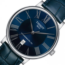 Laden Sie das Bild in den Galerie-Viewer, Tissot Carson Premium Powermatic80 T122.407.16.043.00 Herren-Armbanduhr Swiss Made ETA Automatik 80 Stunden Gangreserve Saphirglas Lederband blau Zifferblatt blau mit Box Papiere Garantiekarte 2 Jahre Hersteller-Garantie