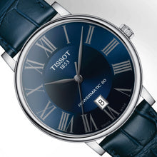 Laden Sie das Bild in den Galerie-Viewer, Tissot Carson Premium Powermatic80 T122.407.16.043.00 Herren-Armbanduhr Swiss Made ETA Automatik 80 Stunden Gangreserve Saphirglas Lederband blau Zifferblatt blau mit Box Papiere Garantiekarte 2 Jahre Hersteller-Garantie