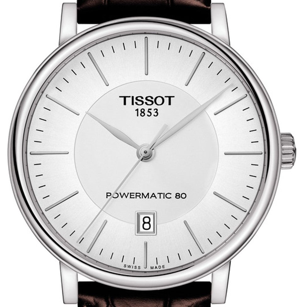 Tissot Carson Premium Powermatic80 | T122.407.16.031.00 | Herrenuhr | Swiss Made Automatik | 80h Gangreserve | Saphirglas | Lederband braun | Zifferblatt silber | NEU OVP mit Box & Garantiekarte